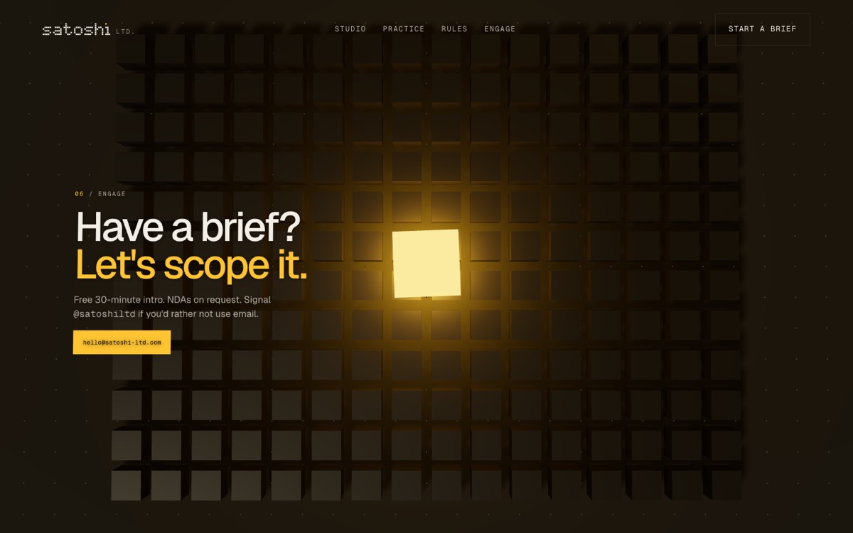 Engage: the brief on the floor beside the yellow square